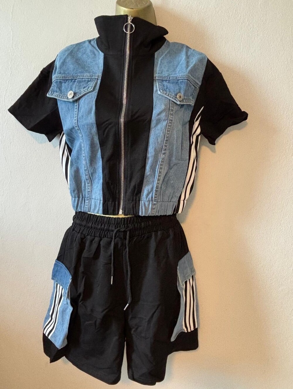 Black & Light Blue Denim Two-Piece Set - Zip Front Crop Top + Drawstring Shorts